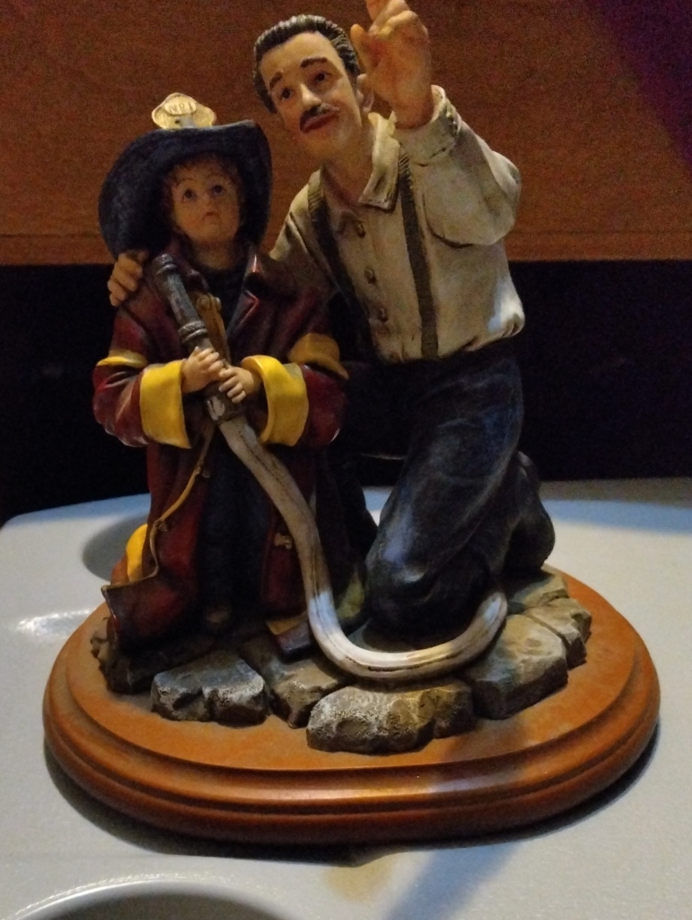 Hand-Painted Father and Child Firefighter Figurine - Multi-Color